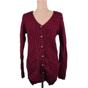 Inis Crafts 100% Merino wool chunky knit fisherman cardigan burgundy Size Medium